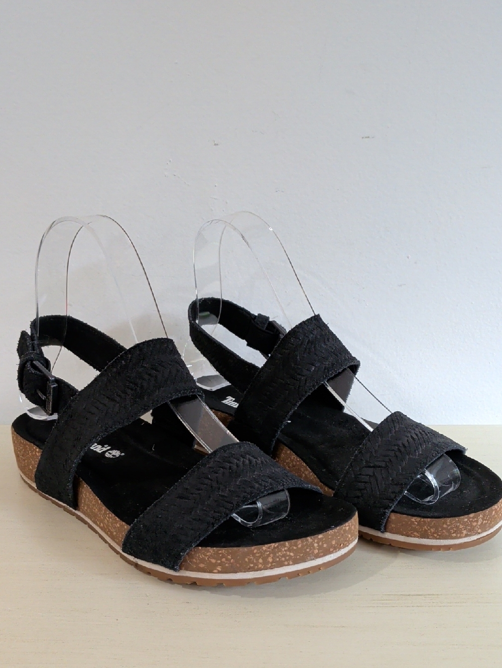 Timberland Black Suede Cork Platform Slingback Sandals Size 6